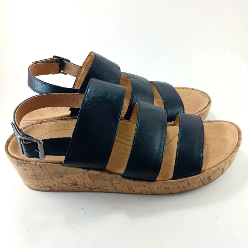 Life Stride Wyonna Low Profile Cork Wedge 3 Band Active Arch Black Womans 9.5.